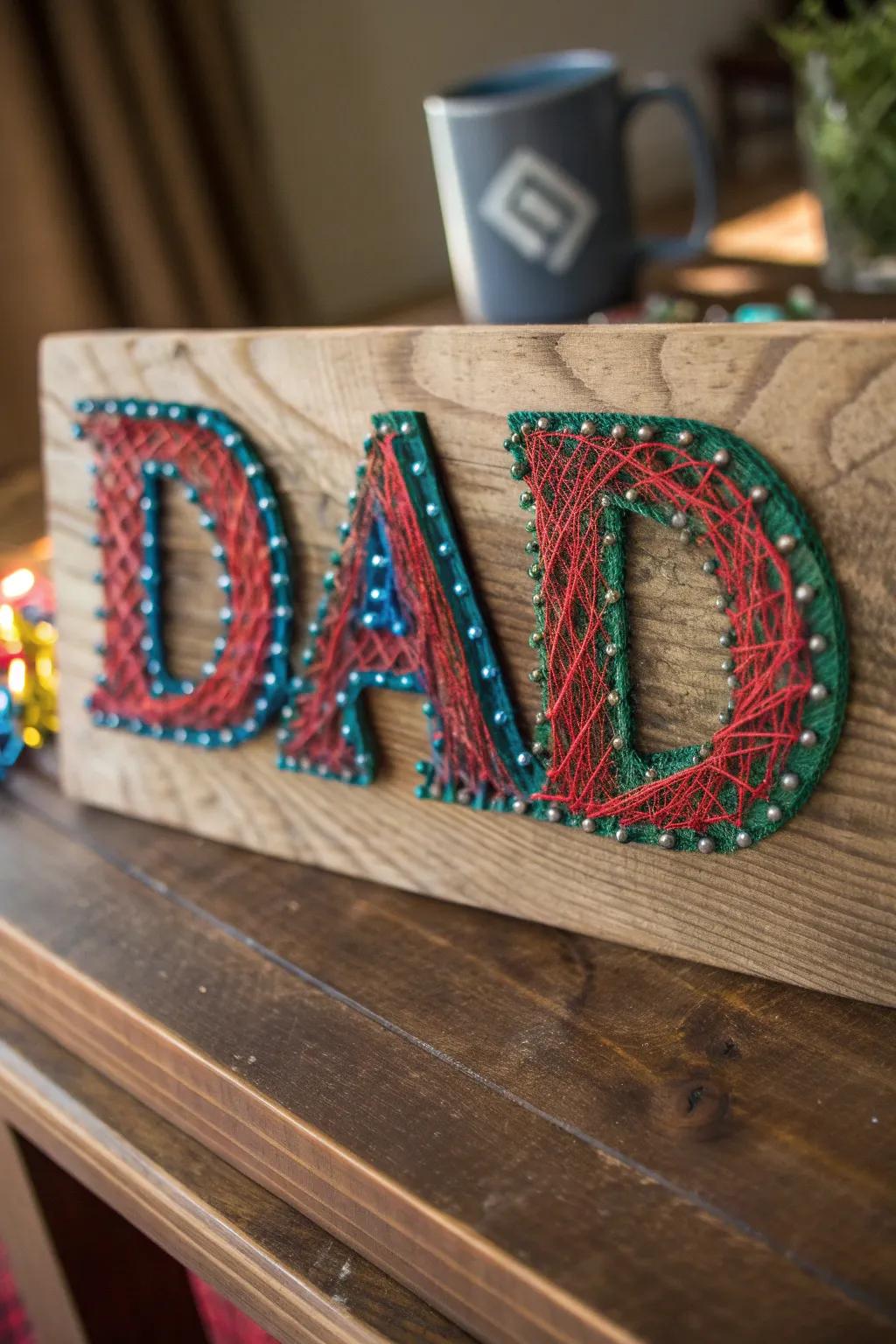 Celebrate Father's Day with a personal touch: Custom string art that spells out 'DAD' in style!