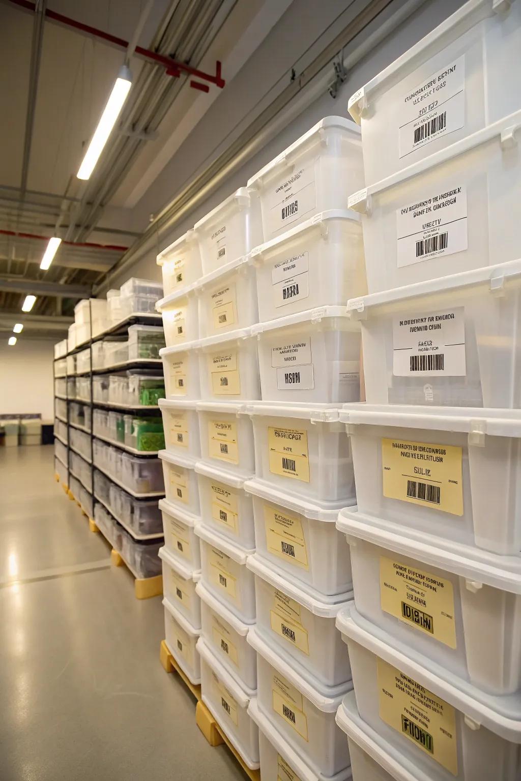 Stacked and labeled plastic bins for feed storage.
