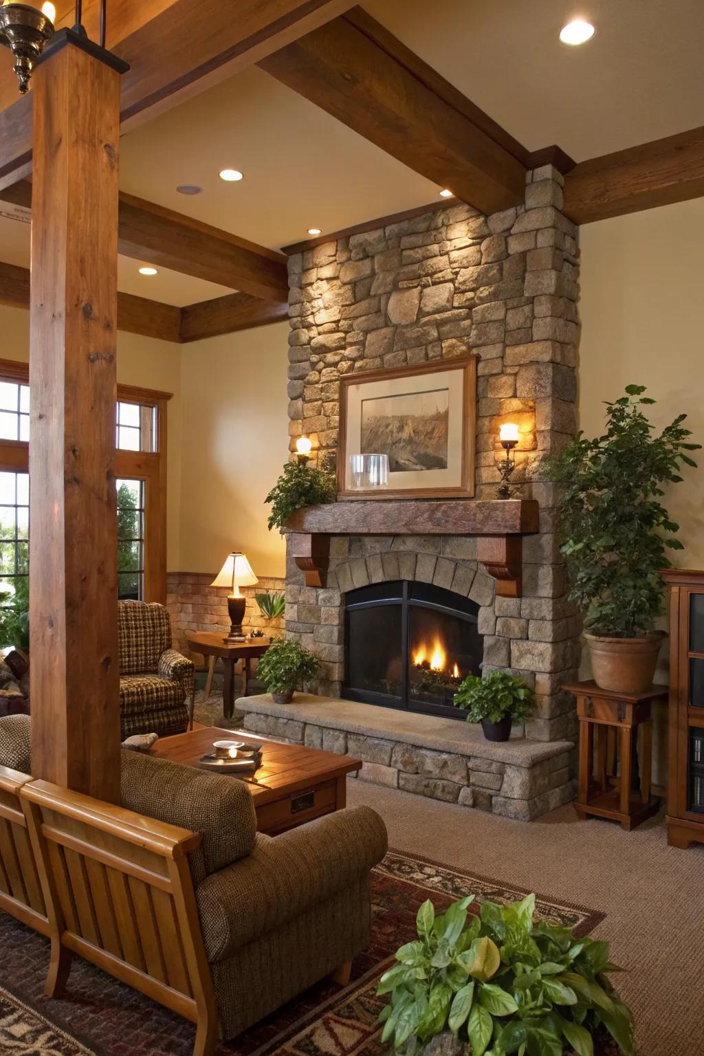 Rustic wooden columns bring warmth and charm to a fireplace.