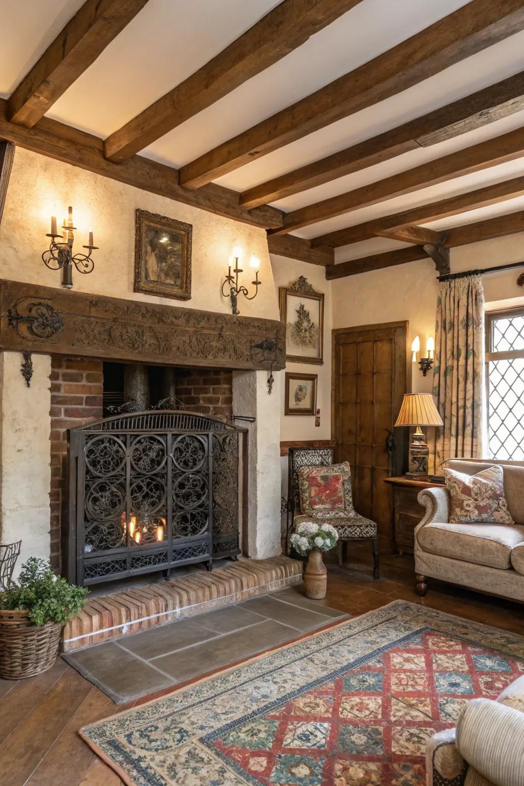 Timeless appeal with rustic iron grates that add character.