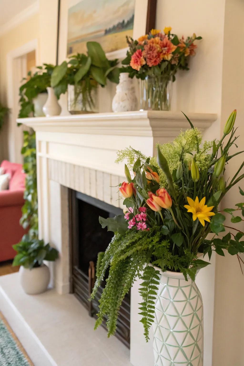 Natural elements add vibrancy to the fireplace shelf.
