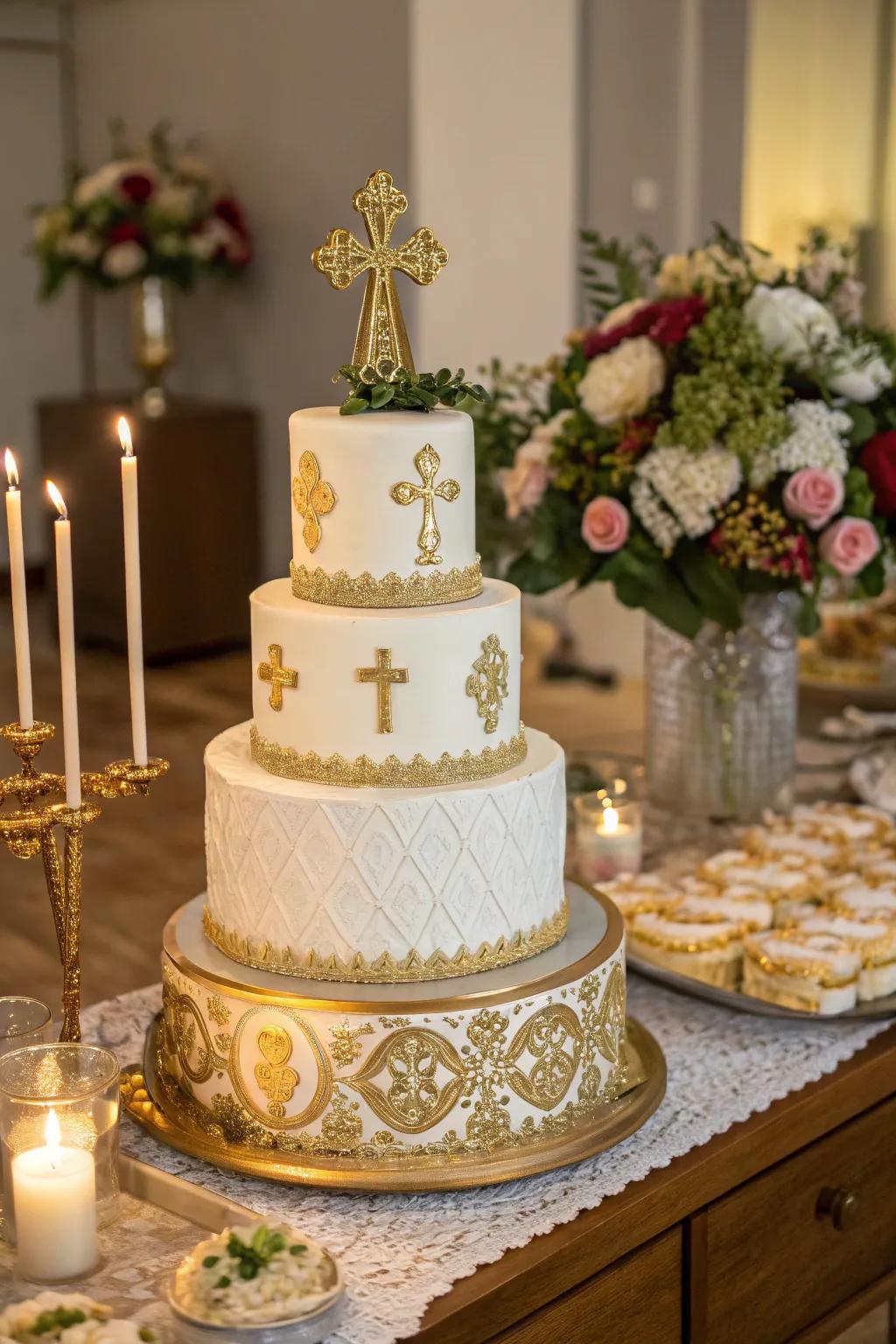 A stunning cake featuring religious symbols as the centerpiece.