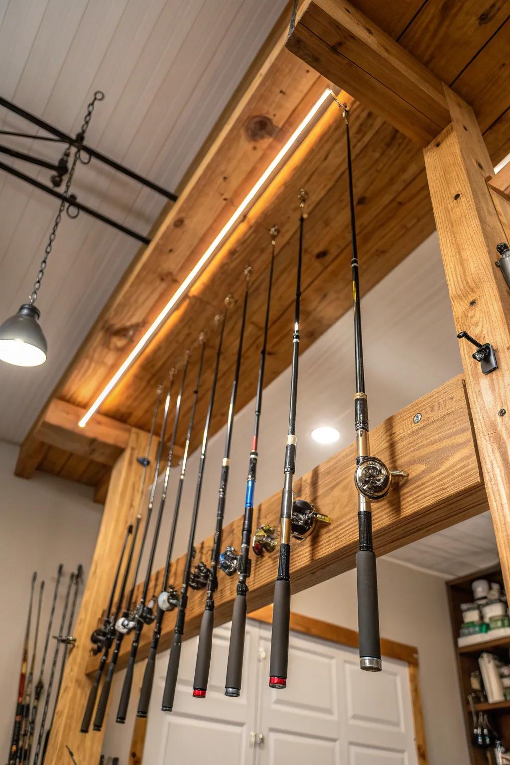 Elevate your storage game with this artisanal ceiling solution for fishing rods.