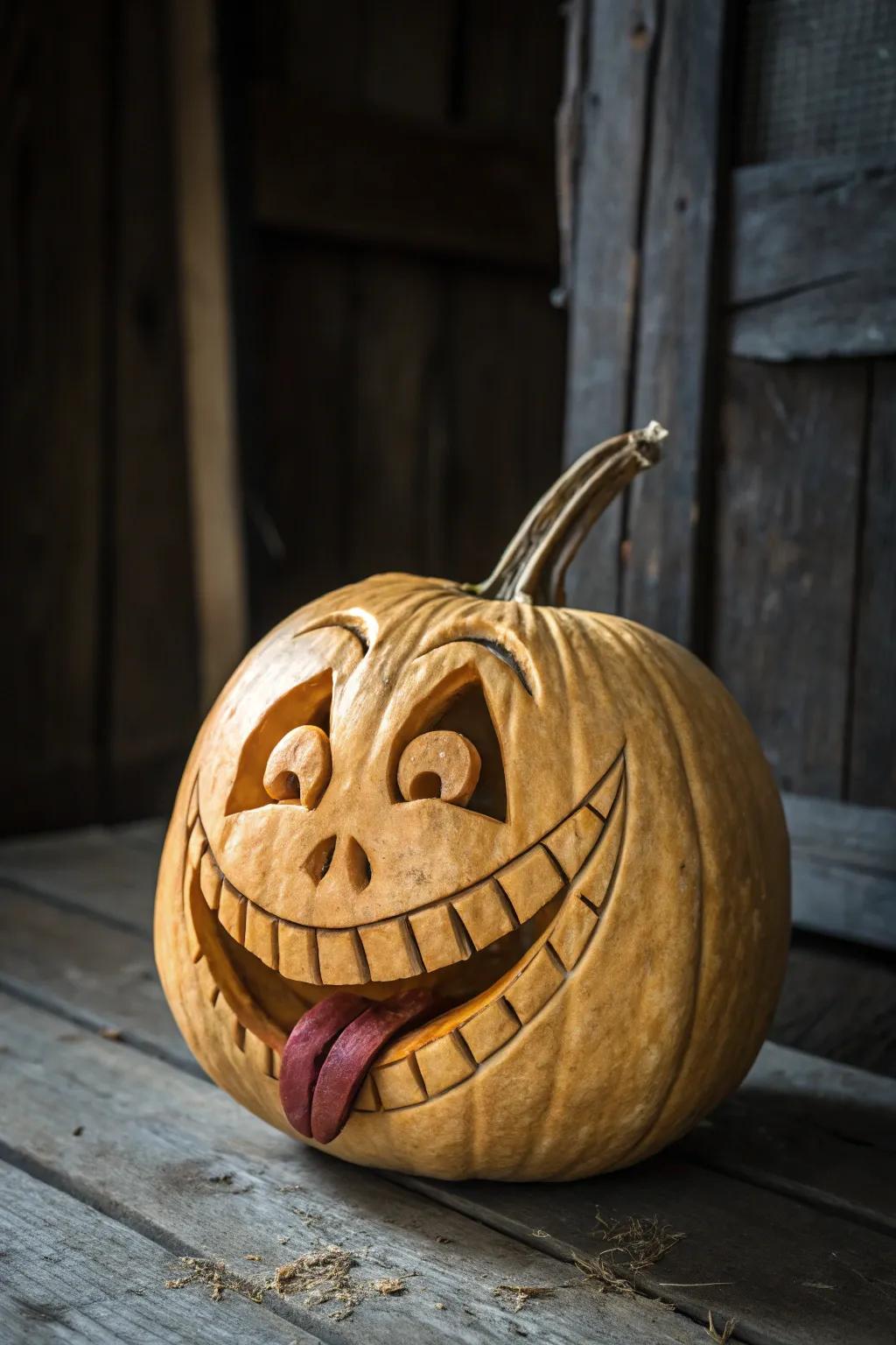 Bring a smile to your face with this cheeky, expertly carved pumpkin masterpiece.