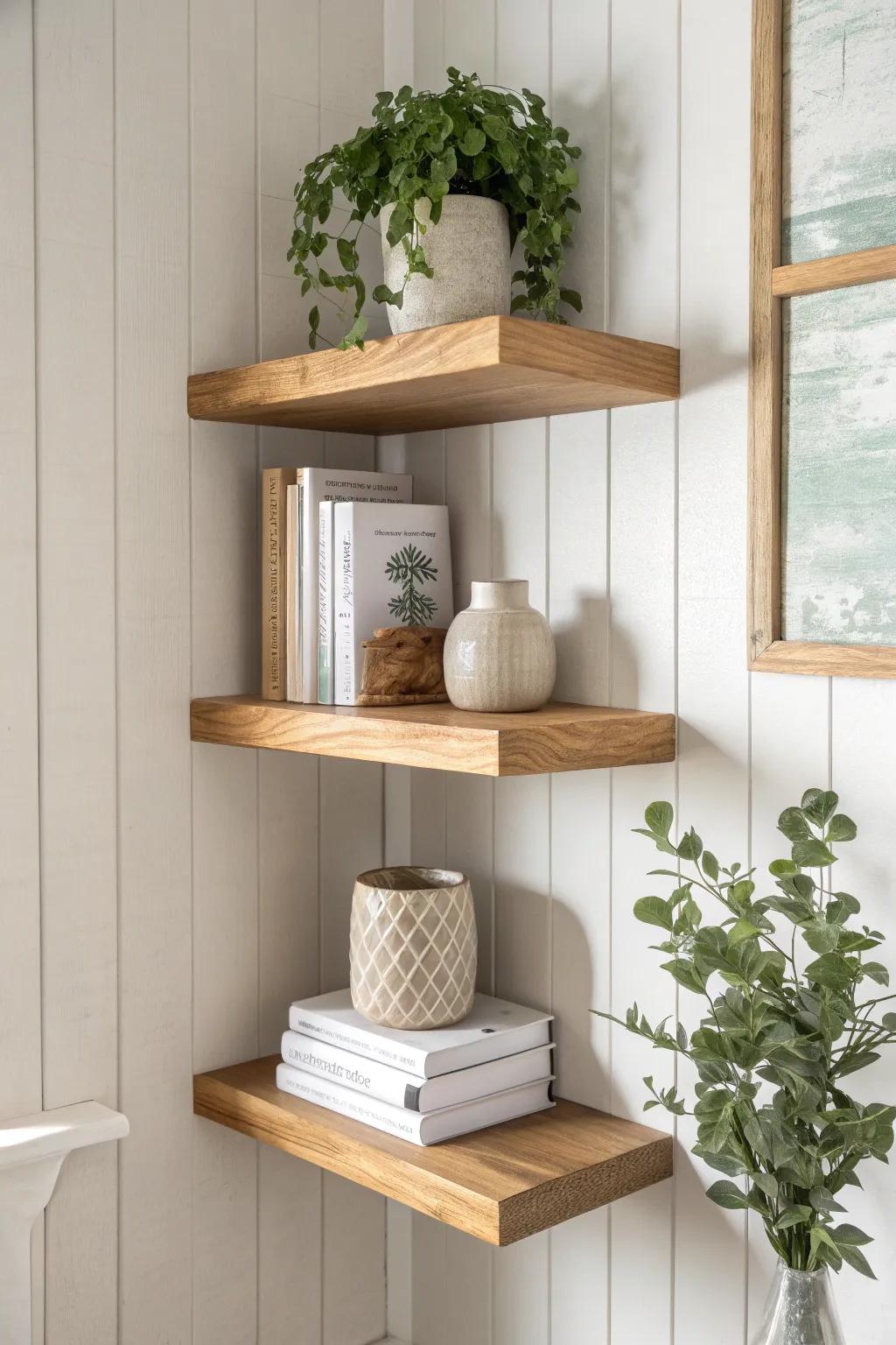 Transform unused corners into cozy, stylish nooks with elegant floating shelves. 🌿📚✨