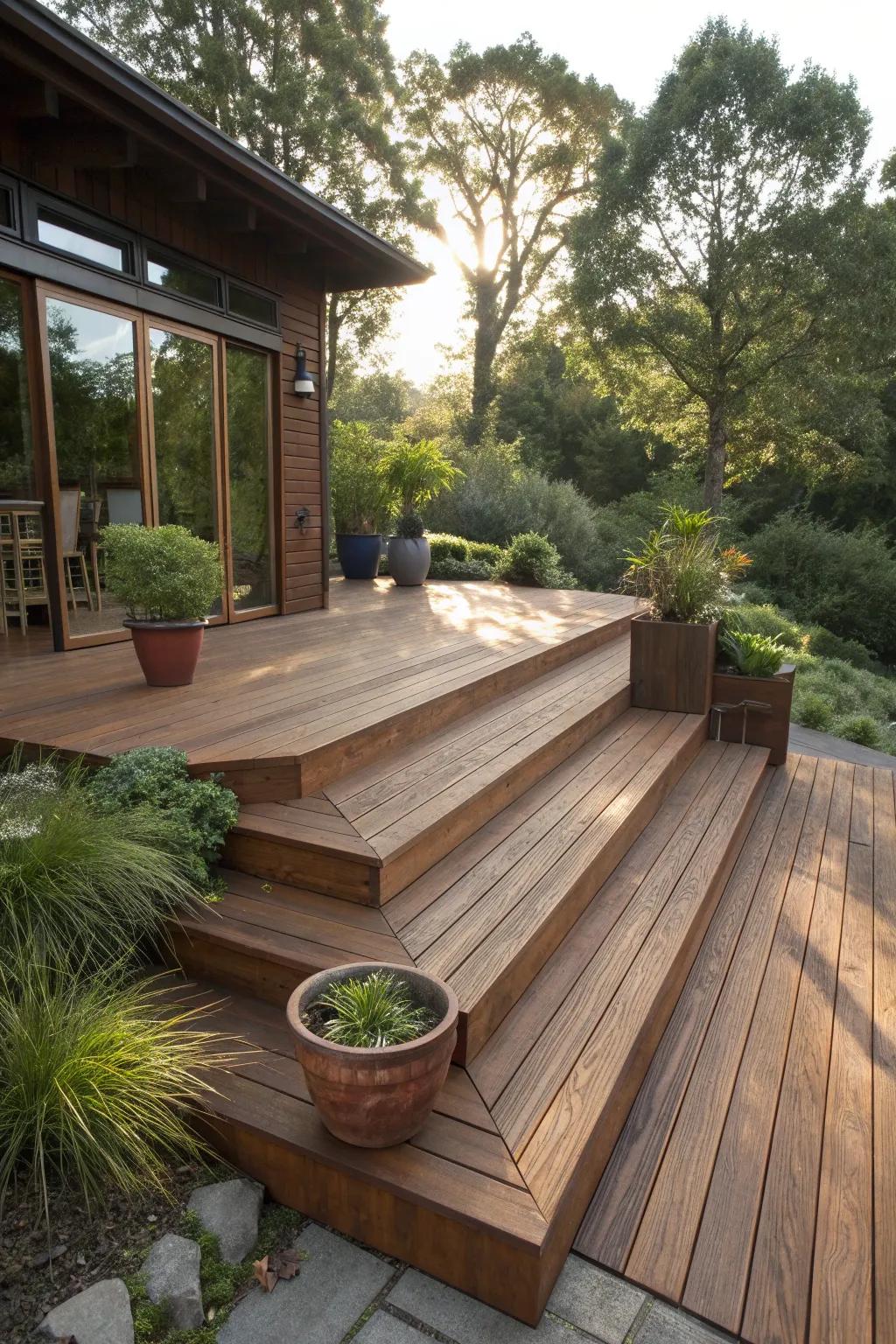 Step into elegance with wide, inviting deck steps that redefine outdoor gatherings.