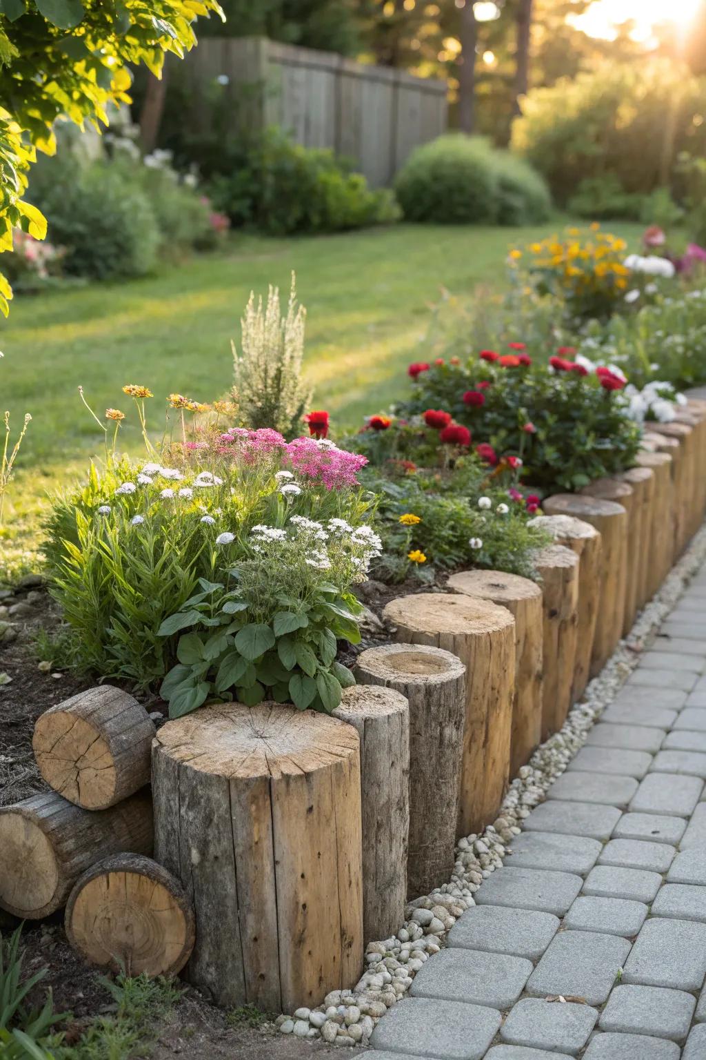 Elevate your garden's natural beauty with rustic wooden log edging. 🌿 #GardenDecor #ScandinavianStyle #BohoChic
