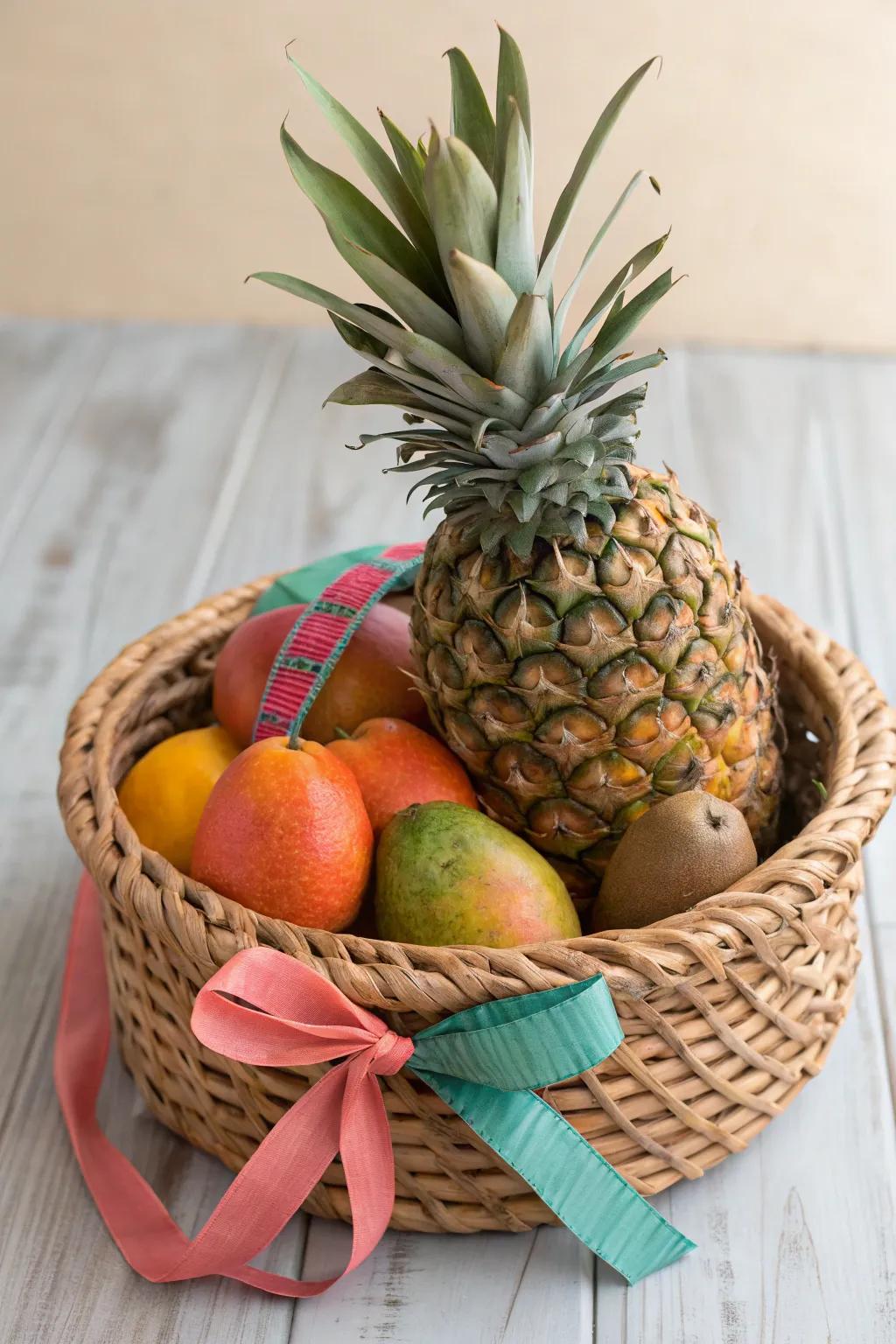 Escape to paradise with this lush tropical fruit basket, perfect for dreaming of sandy beaches.