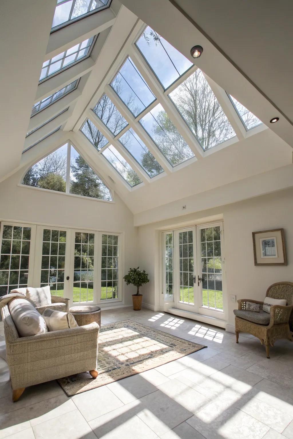 Natural light streaming through skylights in a gable ceiling.