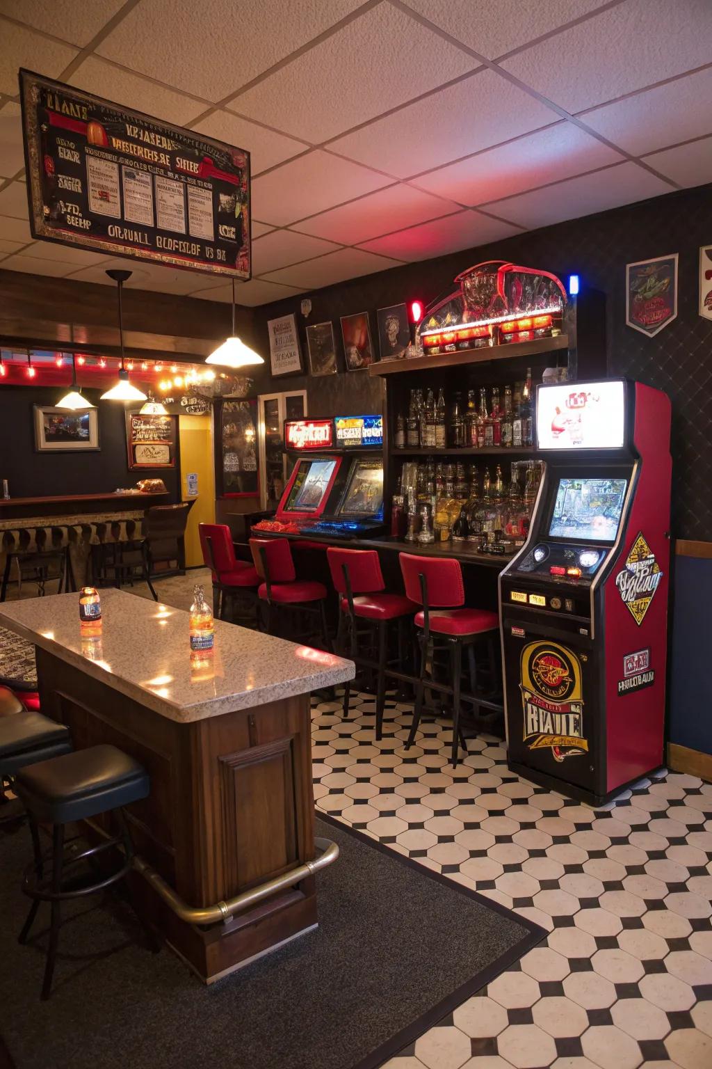 A retro arcade corner paired with a bar adds a playful and nostalgic touch.