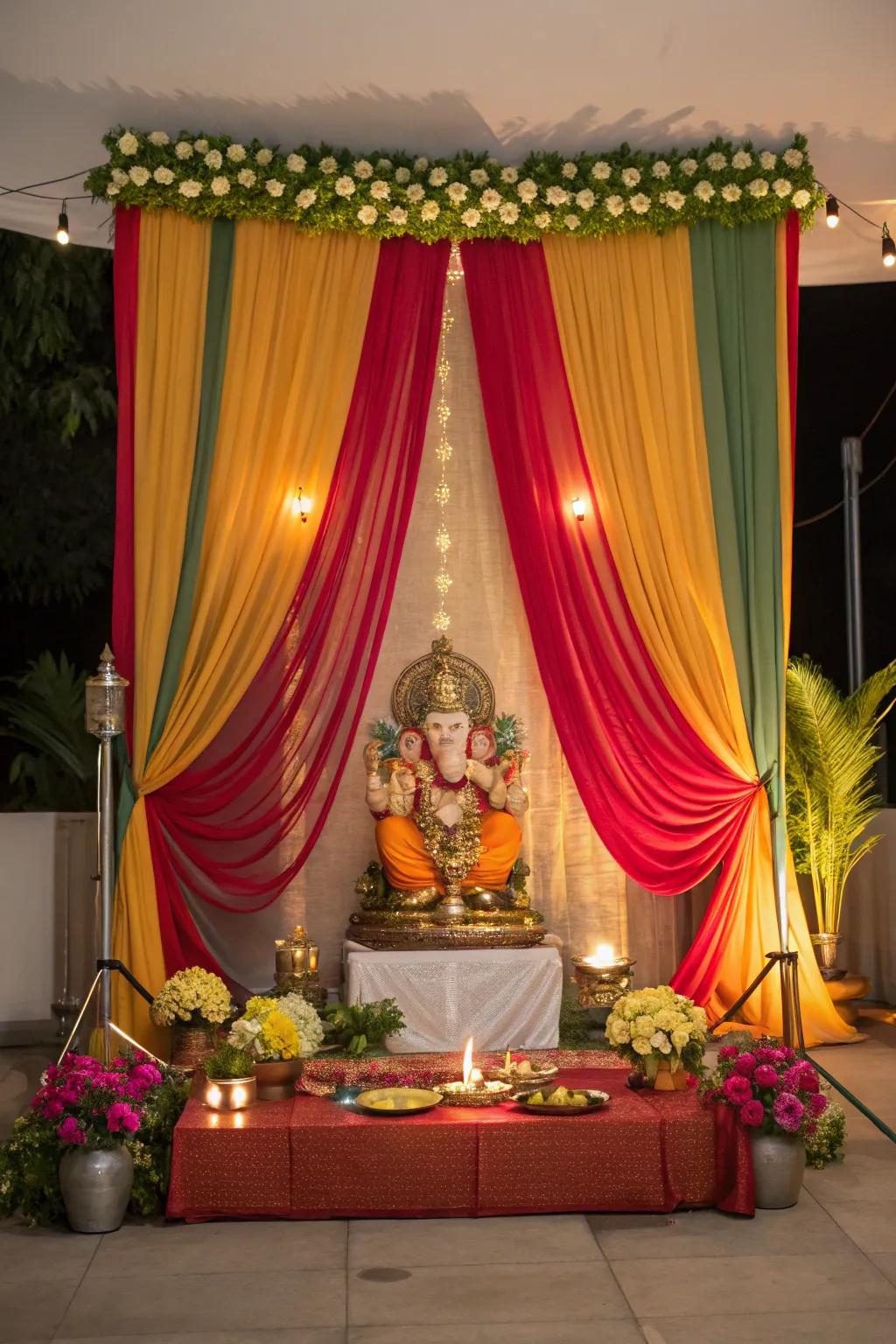 Colorful fabric drapes add elegance and warmth.