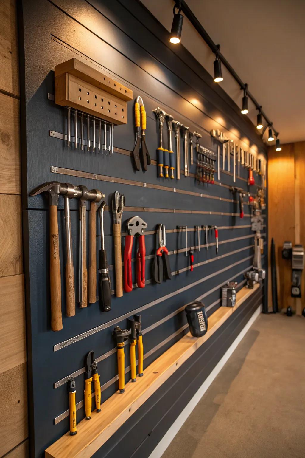 Elevate your garage game: Transform clutter into craftsmanship with a perfectly organized slatwall.