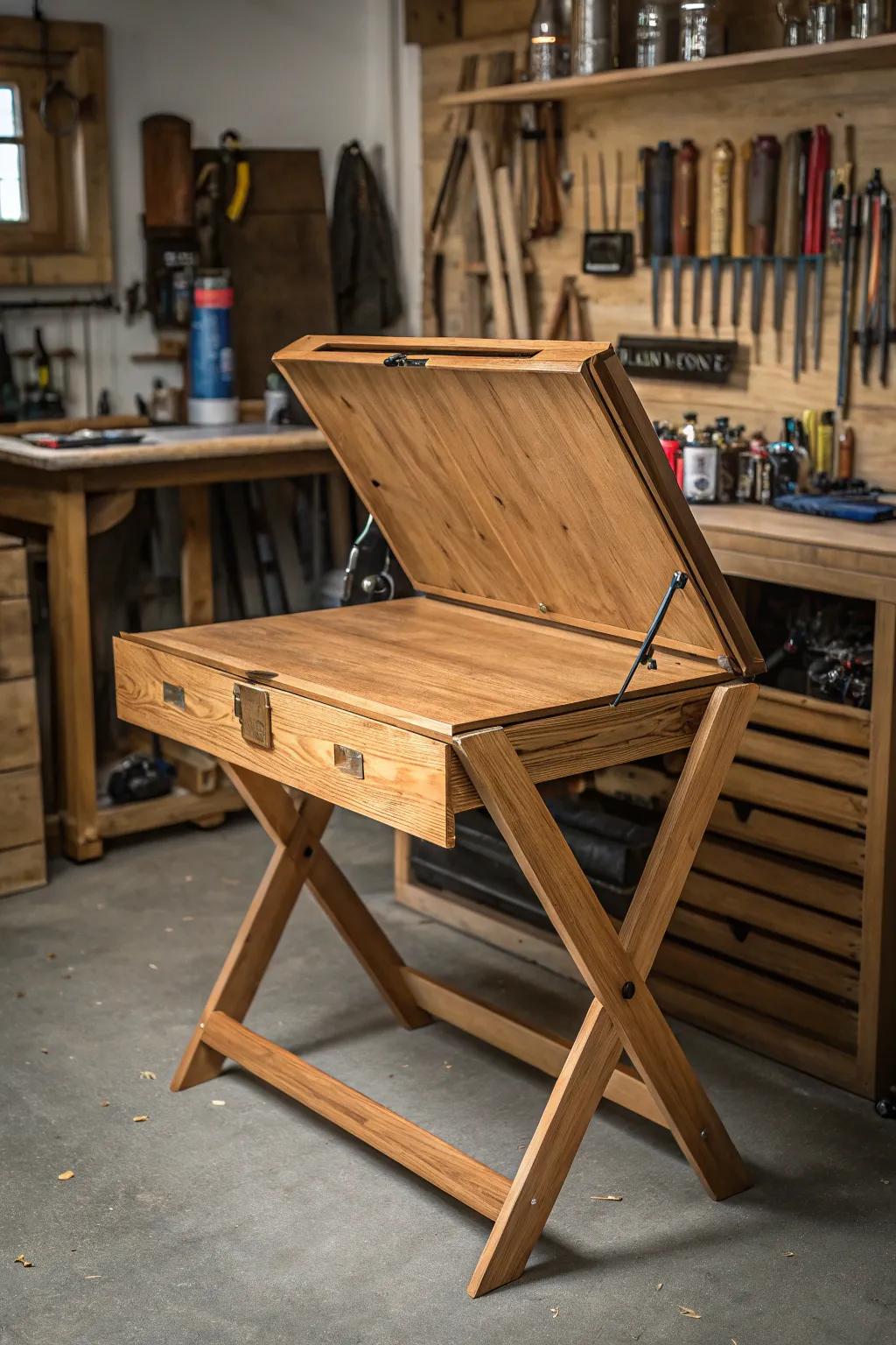 Maximize your garage space with this elegant foldable workbench—where craftsmanship meets practicality.