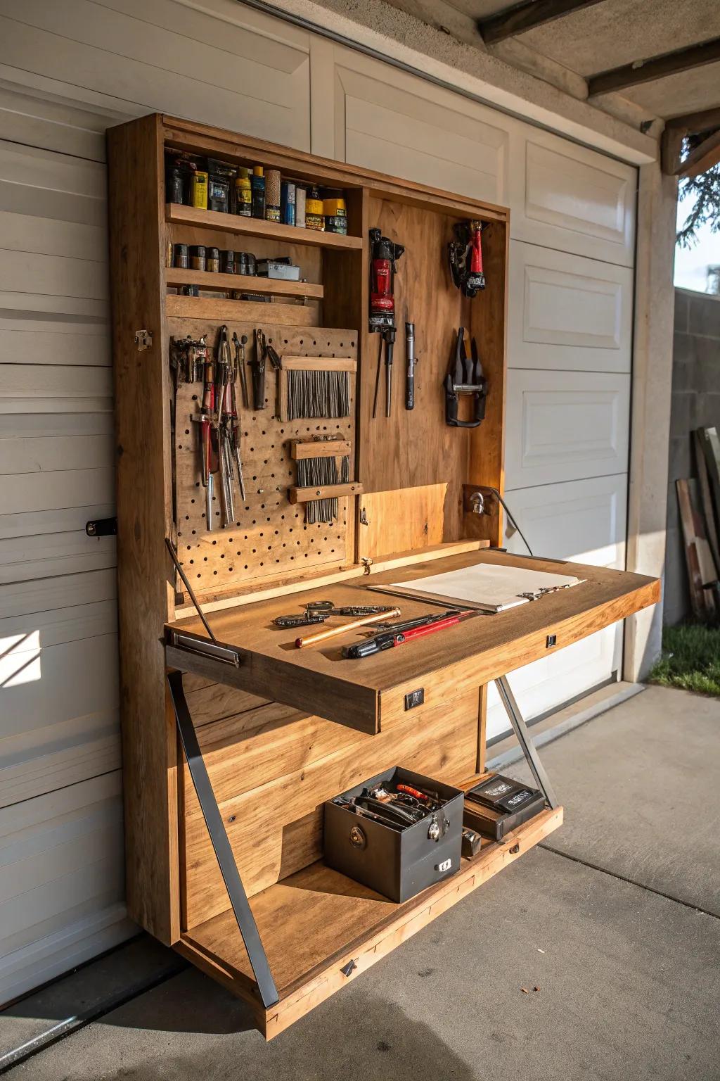 Transform your garage with a stylish foldaway workbench — where craftsmanship meets practicality.