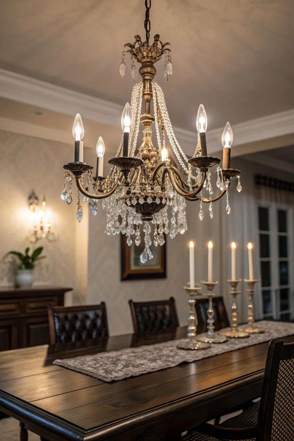 A stunning chandelier that adds elegance and drama to the dining room.