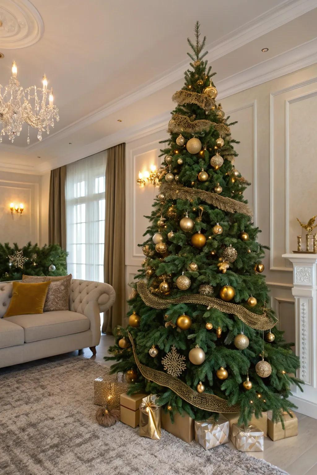 A luxurious gold and green Christmas tree that adds a touch of elegance to the holiday season.