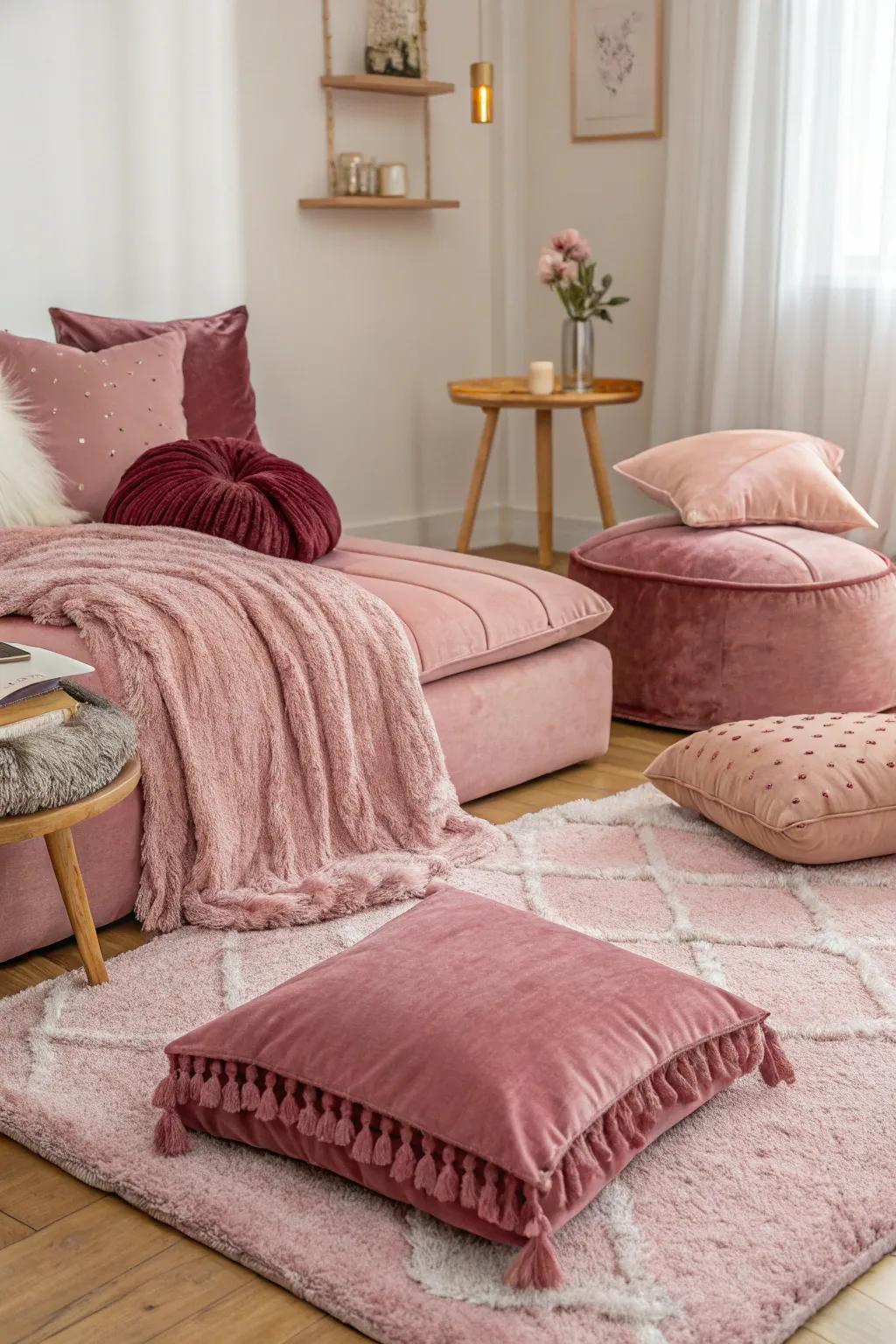 Luxurious textiles add comfort and elegance to a pink bedroom.