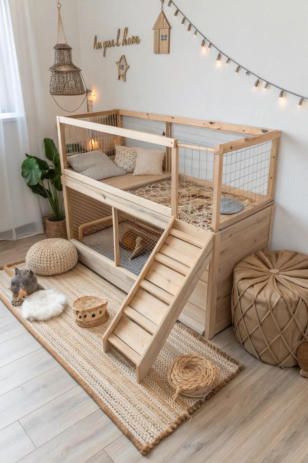 Discover the joy of exploration with this elegant multi-level guinea pig habitat, where Scandinavian minimalism meets boho charm. 🐹✨