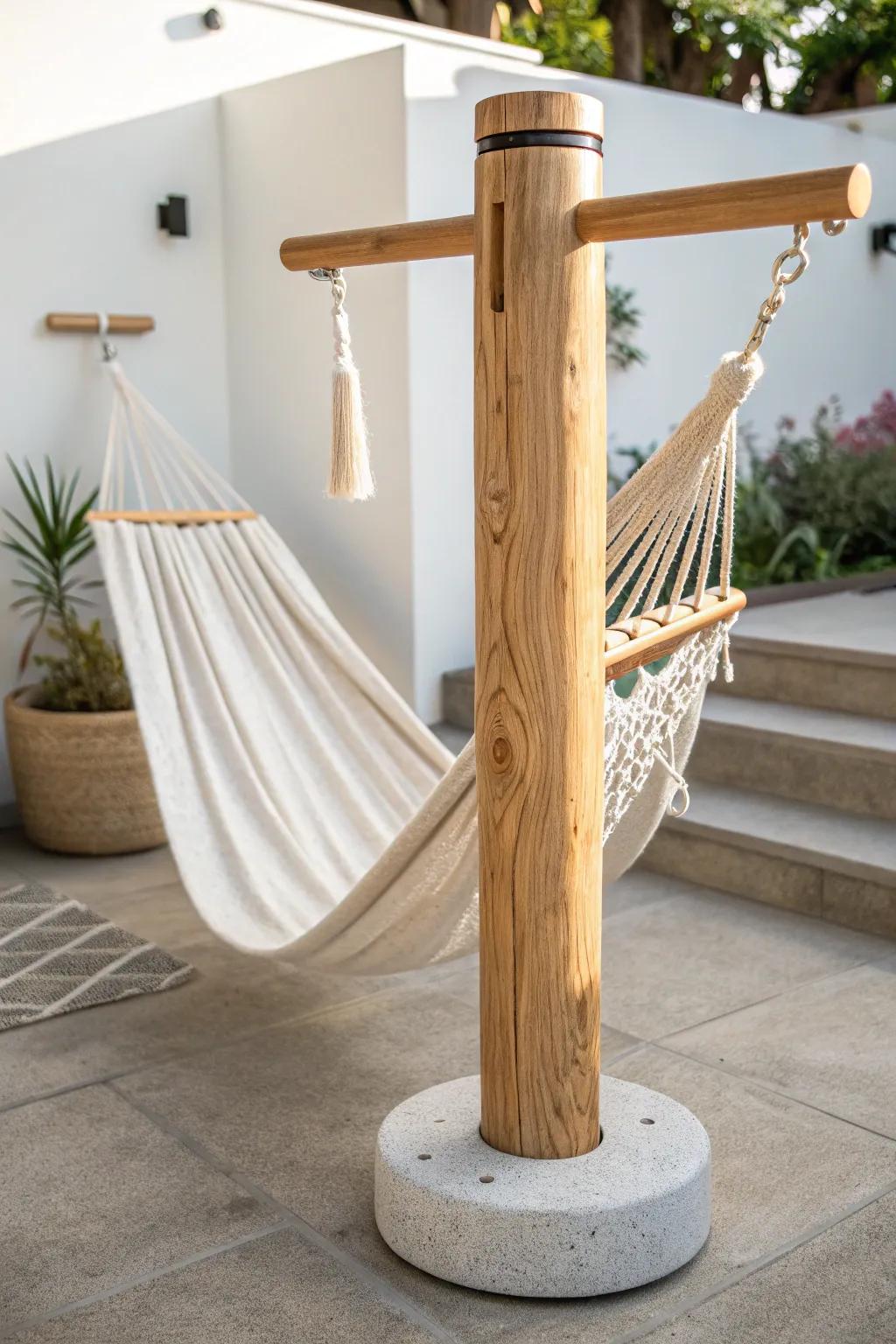 Elevate your outdoor space with DIY hammock posts that blend minimalist elegance with natural beauty.