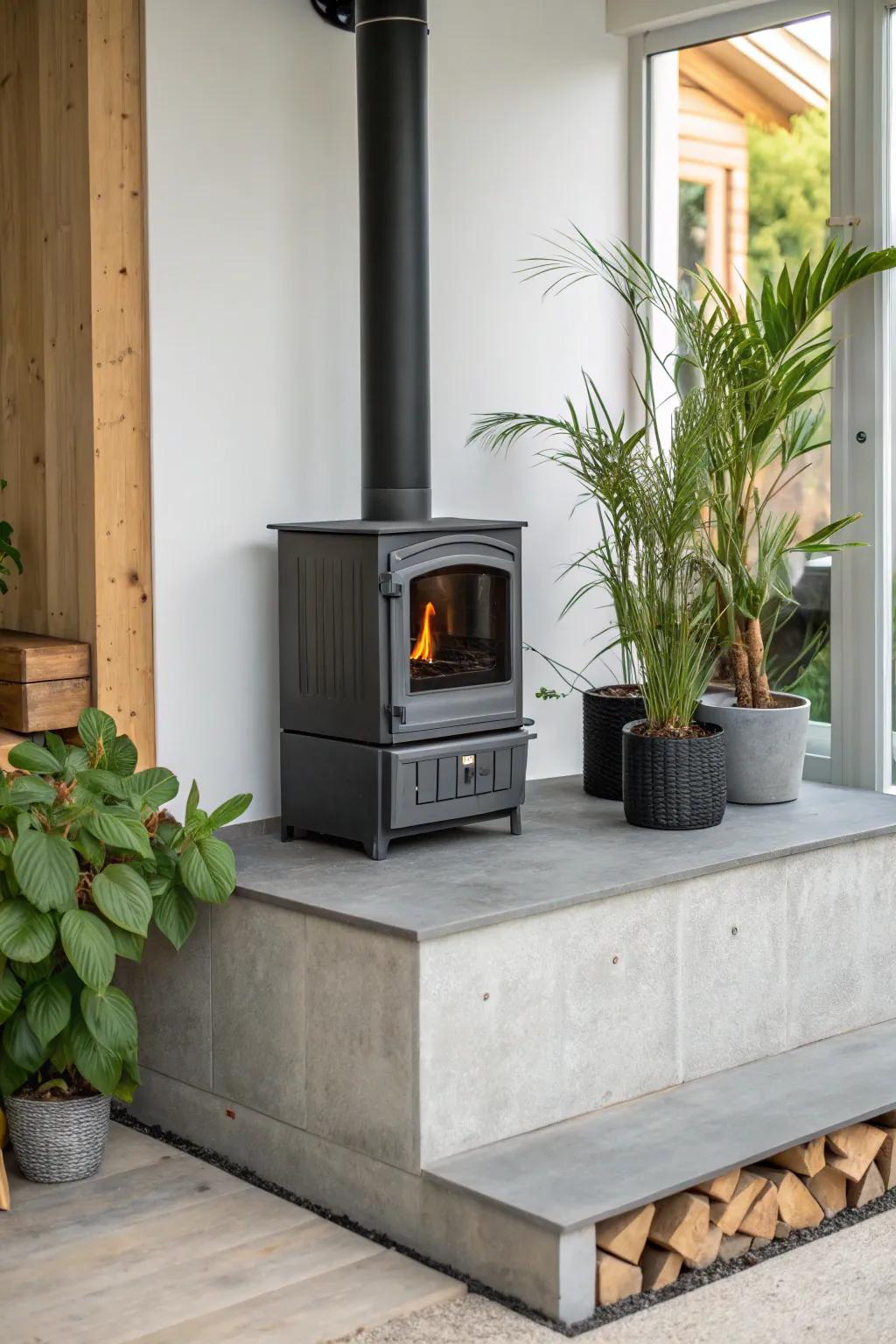A sleek concrete hearth gives a modern touch to the wood stove setting.