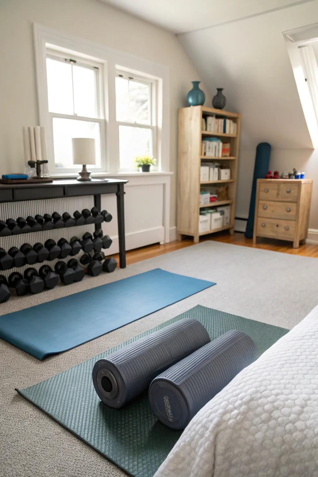 A peaceful spare bedroom transformed into a functional home gym.