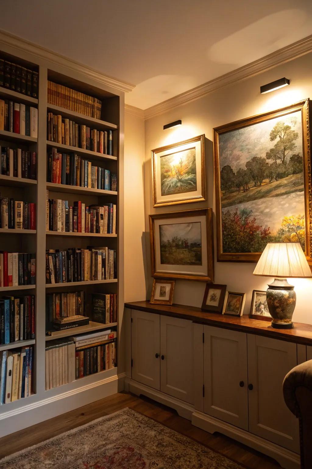 Use accent lighting to showcase your favorite books and art pieces.