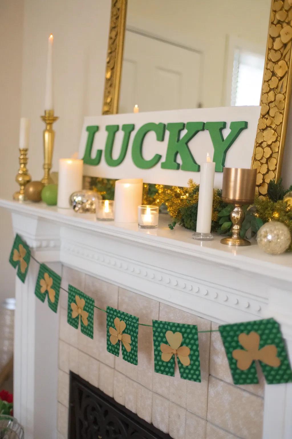 A charming 'LUCKY' sign graces the mantel.