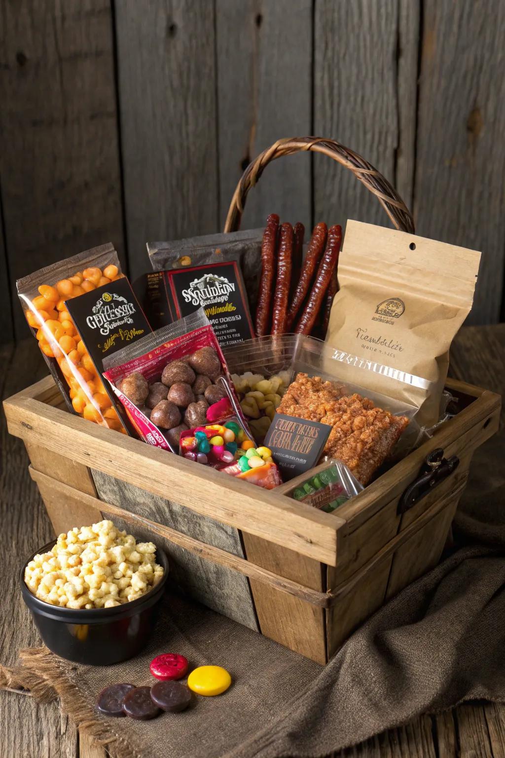 Indulge in the ultimate Snack Attack Delight - a handcrafted basket of treats for the dad with a taste for the finer snacks.