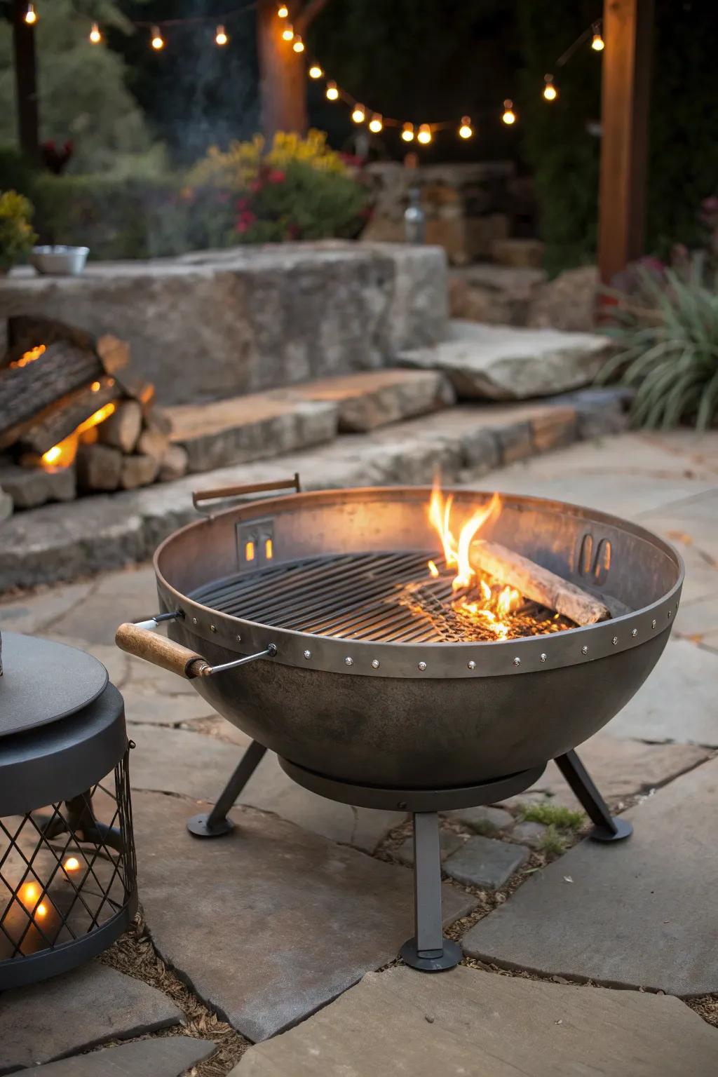Elevate your outdoor gatherings with this dual-purpose metal fire pit, perfect for cozy fireside chats and spontaneous BBQs.