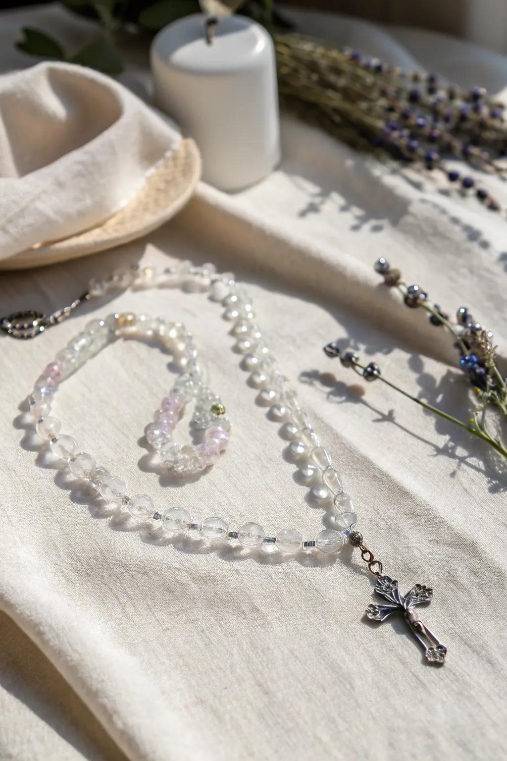Shimmering Serenity: A handcrafted crystal rosary that captures light and elegance.