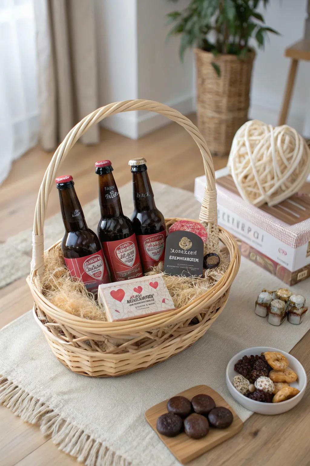 Craft the perfect Valentine's surprise with a curated beer and snack basket, blending minimalist charm with a touch of boho elegance.