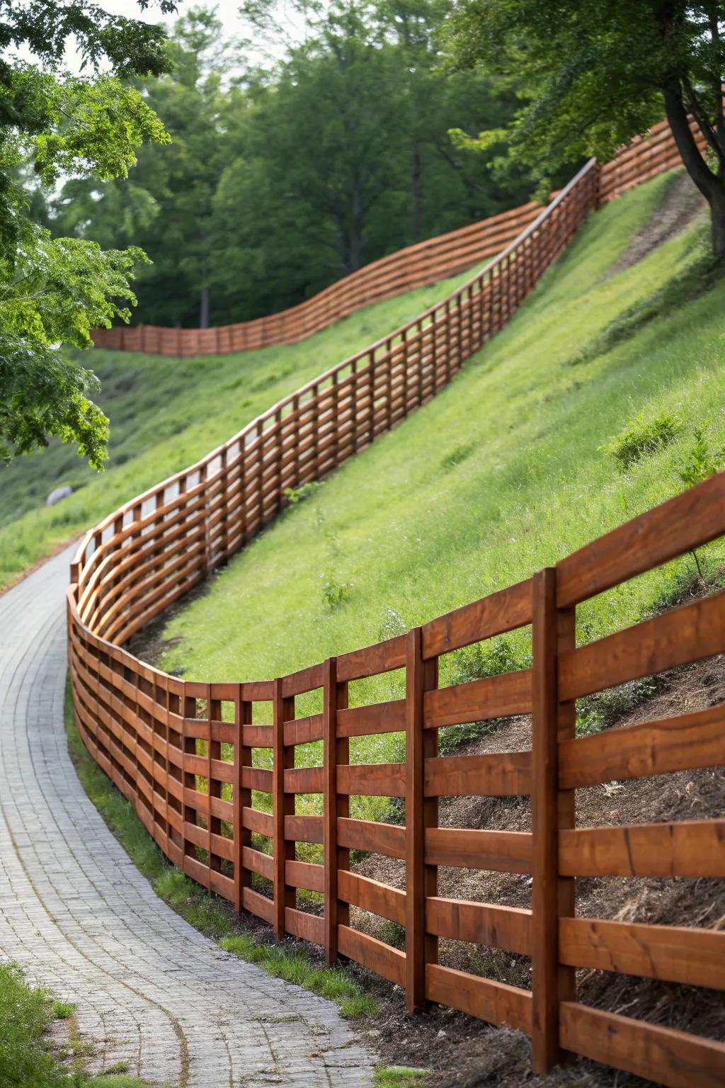 Elevate your landscape with the elegance of a racked horizontal fence, perfectly tailored to your terrain.
