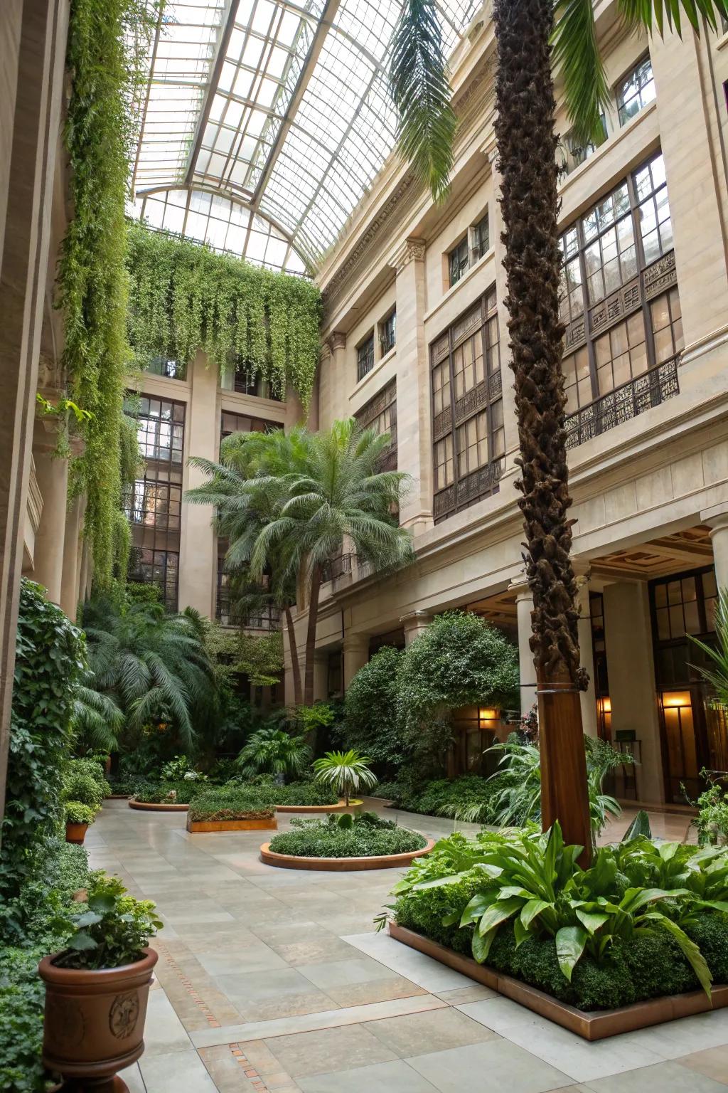 An indoor garden flourishing within a bright atrium space.
