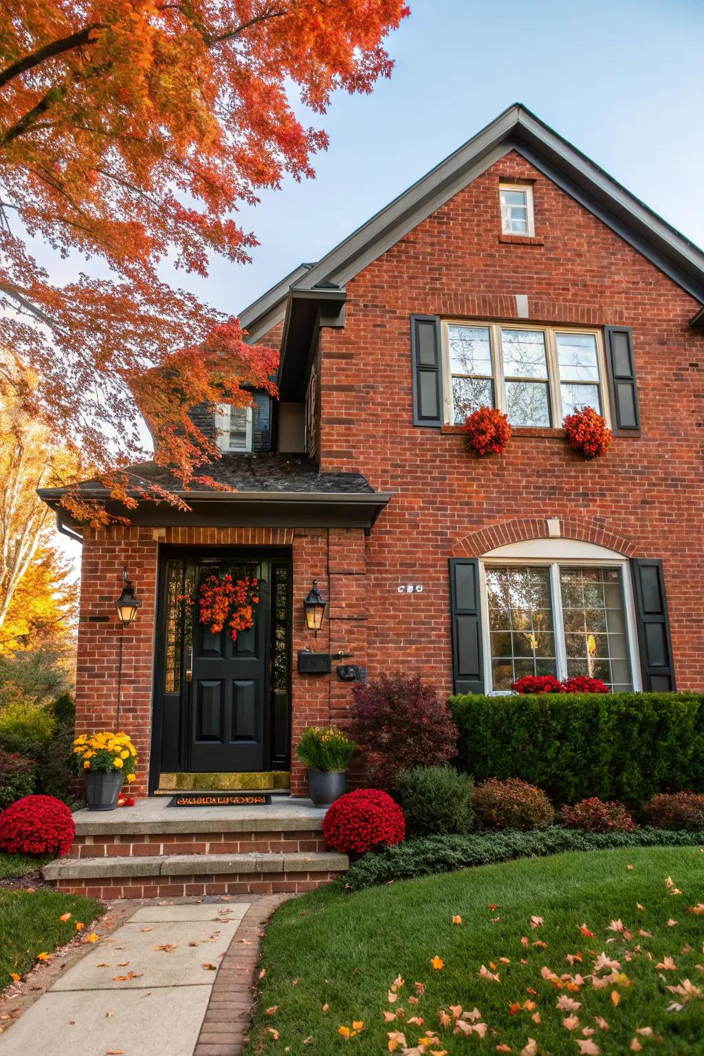 Timeless elegance with a black door and red brick.