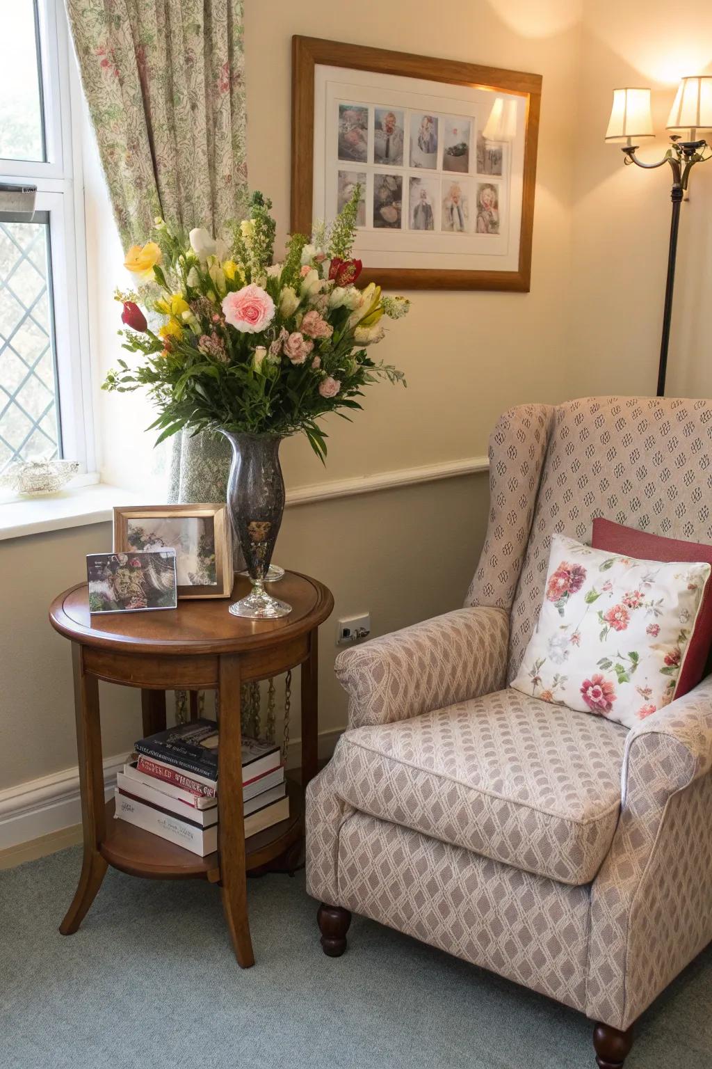 A comfortable chair adds warmth and invites relaxation.