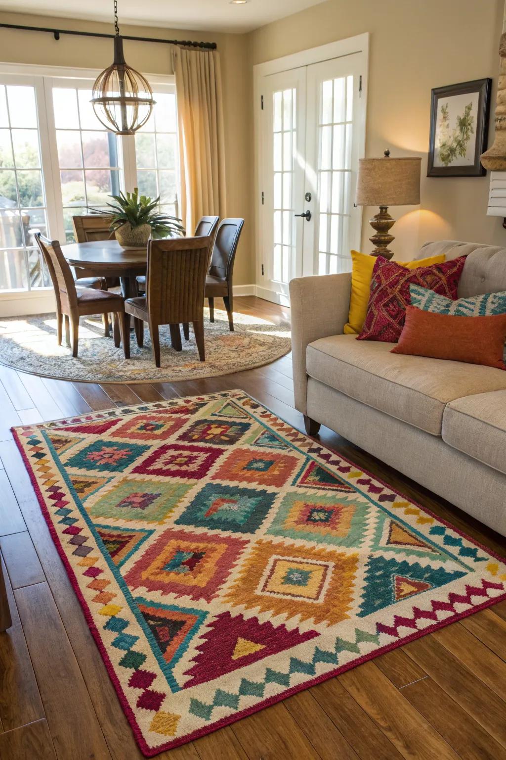 Distinct area rugs define the boundaries of each space.