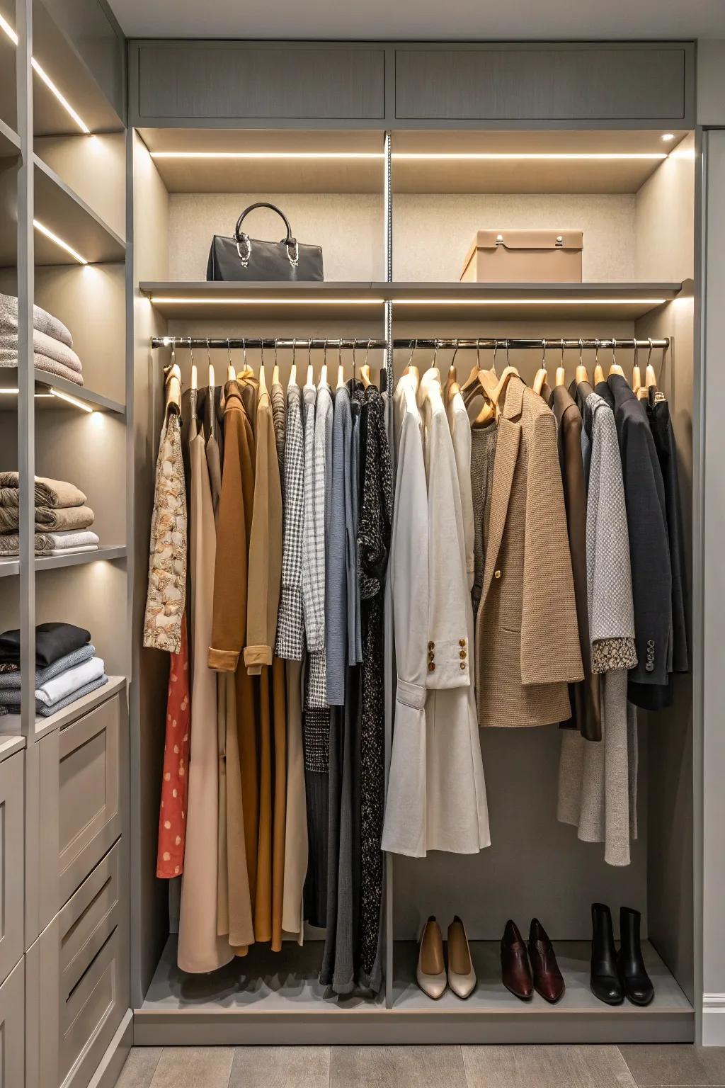 Multiple hanging rods optimize vertical storage in deep closets.