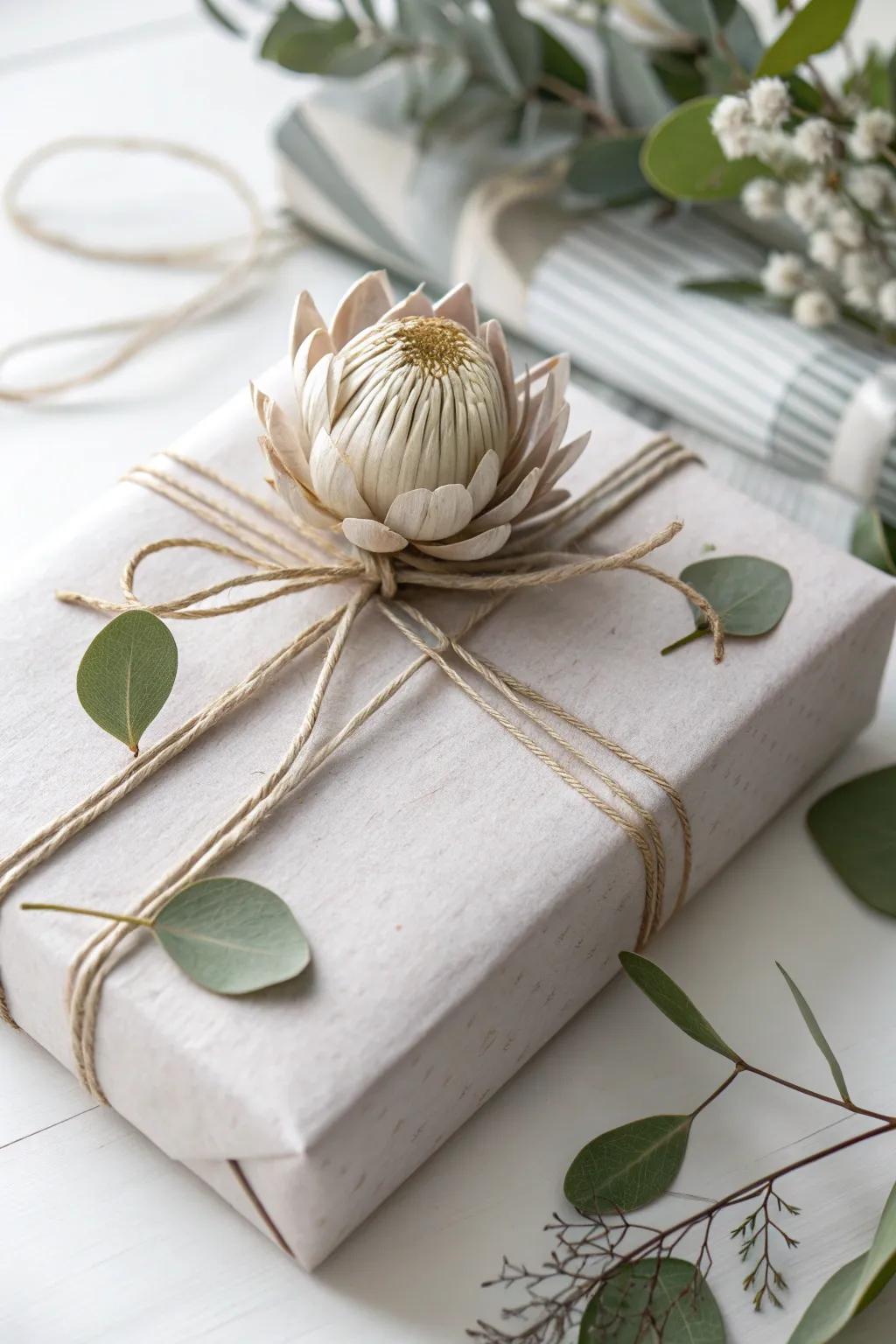 Elevate your gift wrapping game with a timeless faux flower topper that radiates elegance and personal touch.