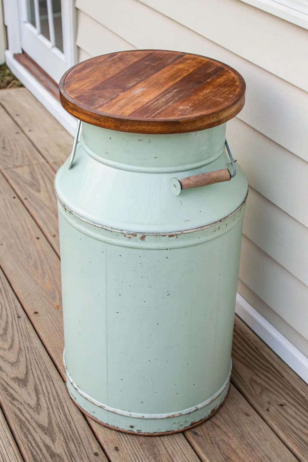 Transform your porch with this charming milk can side table — a perfect blend of rustic elegance and modern minimalism!