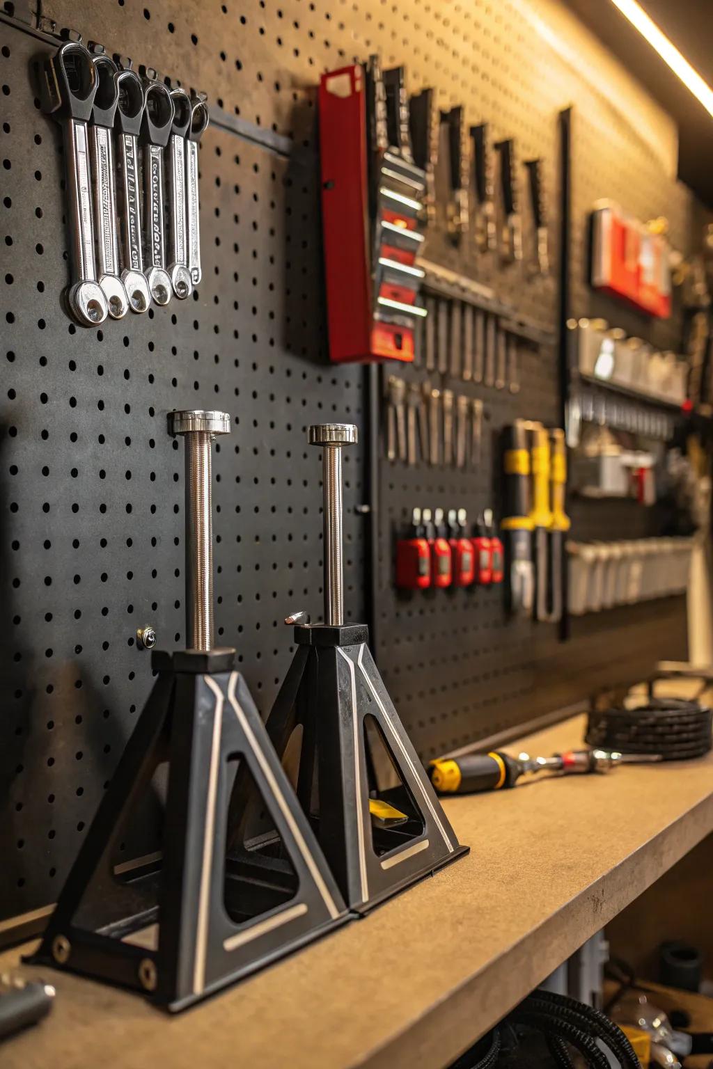 Elevate your garage game with versatile pegboard storage for jack stands and tools. #Craftsmanship #GarageGoals