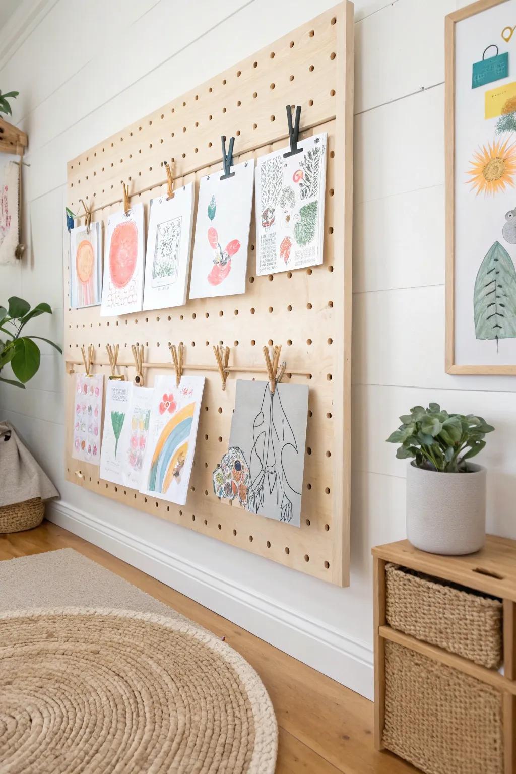 Transform your child's artwork into a masterpiece with a minimalist pegboard display that celebrates creativity and simplicity. 🌿✨