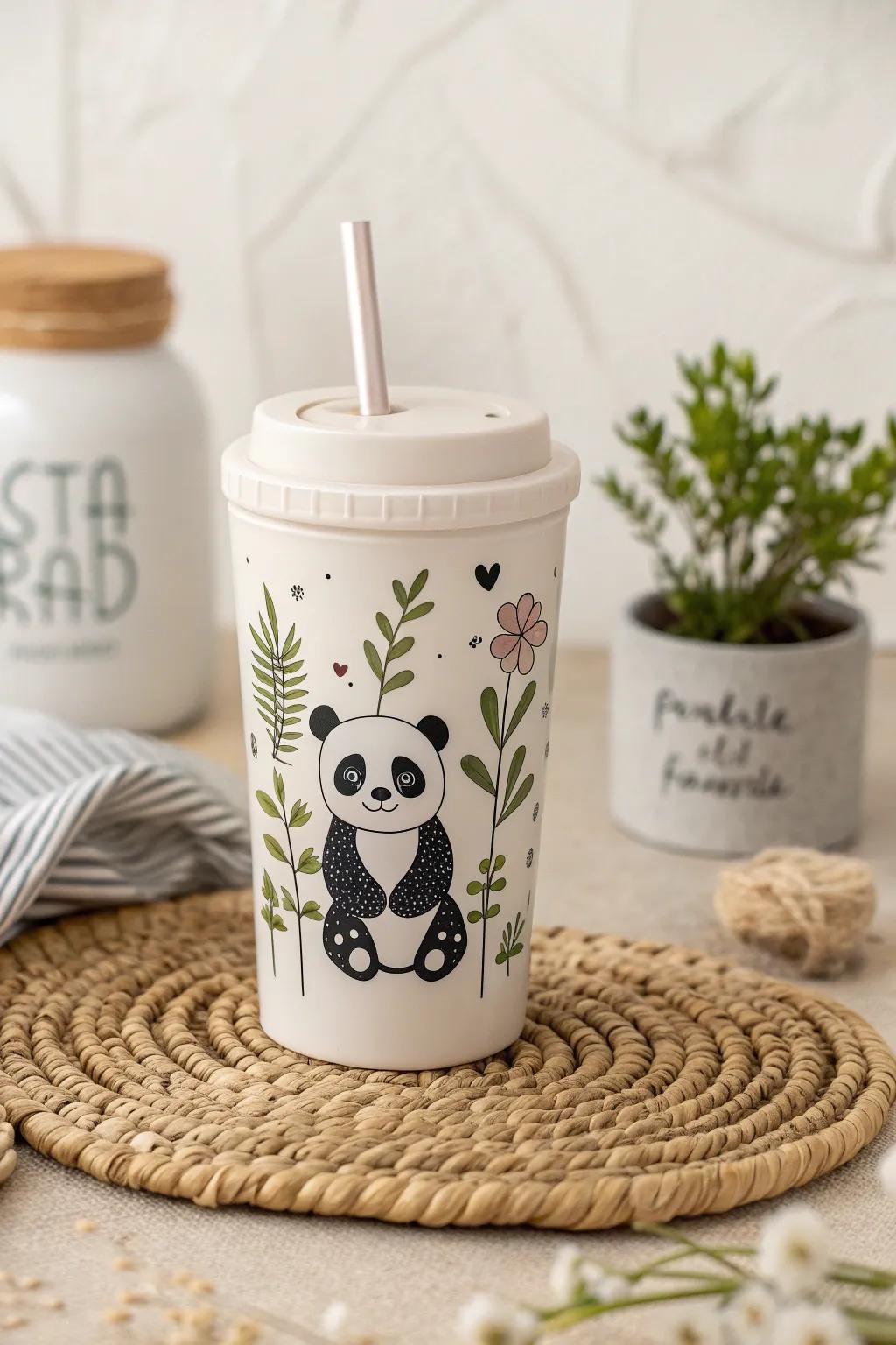 Sip in style with this adorable panda tumbler, where Scandinavian minimalism meets playful charm!