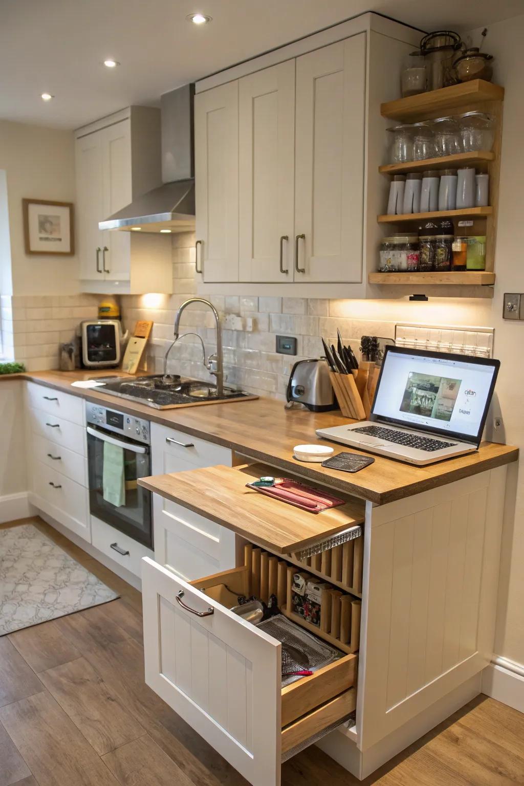 A drop-leaf counter offering flexibility in a compact kitchen.