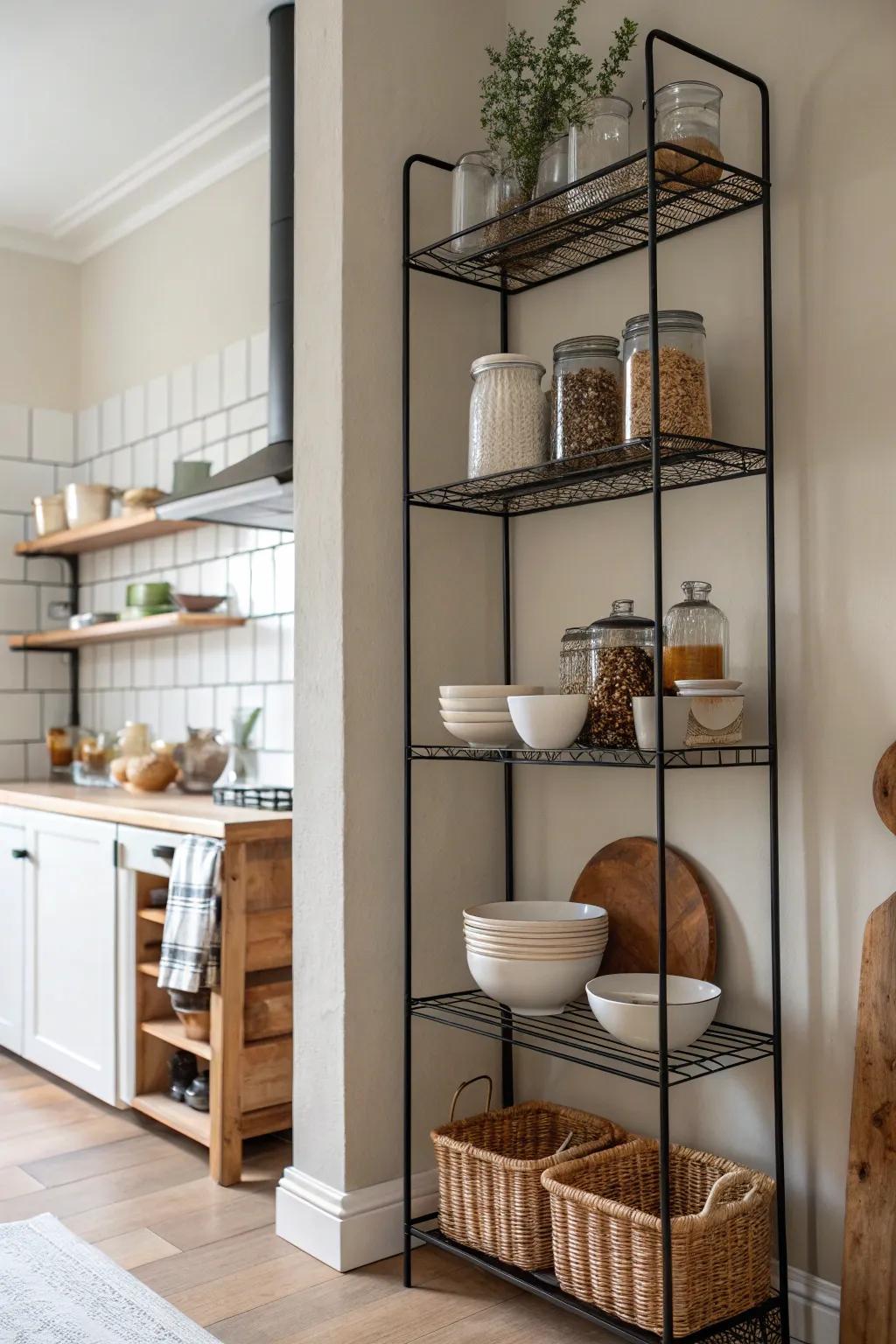 Maximize your kitchen's potential: Elevate your style with chic wire shelving that reaches new heights! 🌿✨