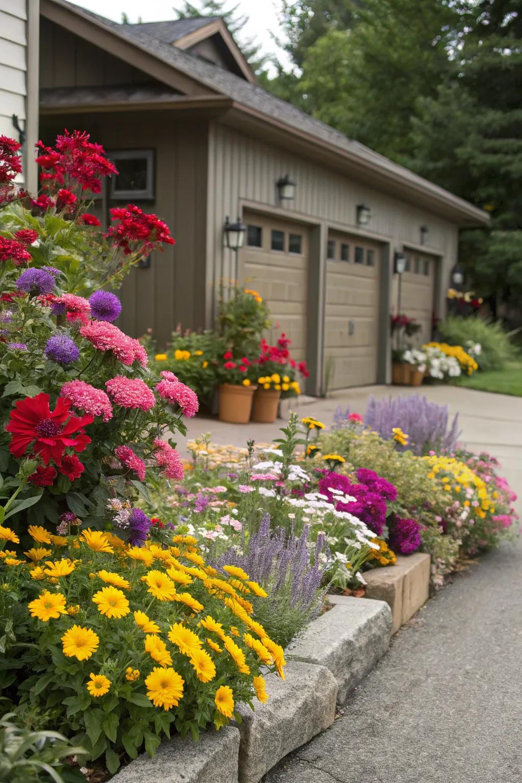 Vibrant flowers add a splash of color to your garage landscape.