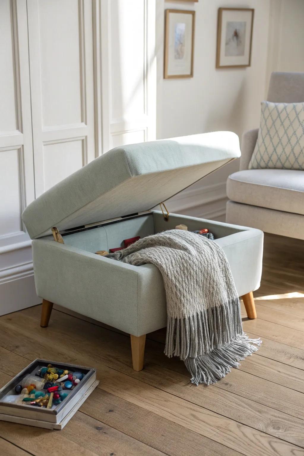 Chic and Clutter-Free: Discover the beauty of multifunctional design with this stylish storage ottoman.