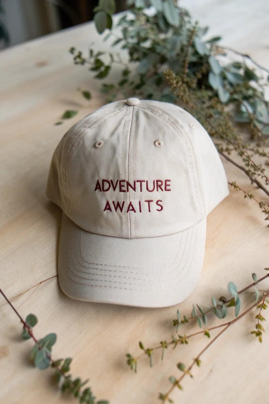 Embrace the journey with bold embroidery—'Adventure Awaits' on your cap.
