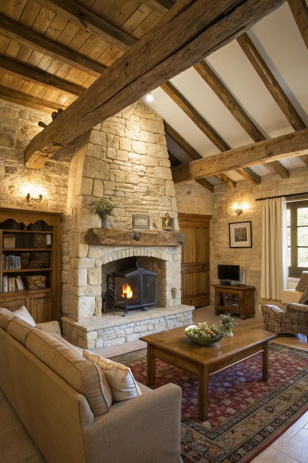 A rustic setting with a light stone fireplace under exposed beams.
