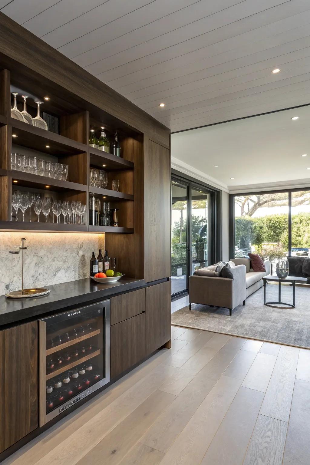 A built-in bar seamlessly enhances your living space.