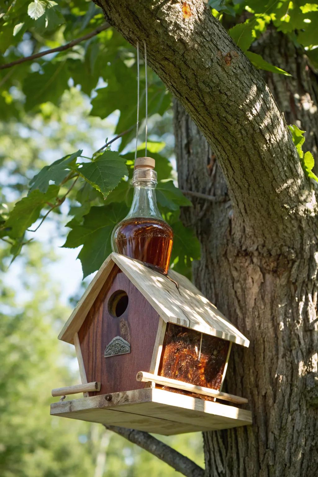 Craftsmanship meets nature: A stunning birdhouse made from a repurposed liquor bottle, perfect for your backyard oasis.